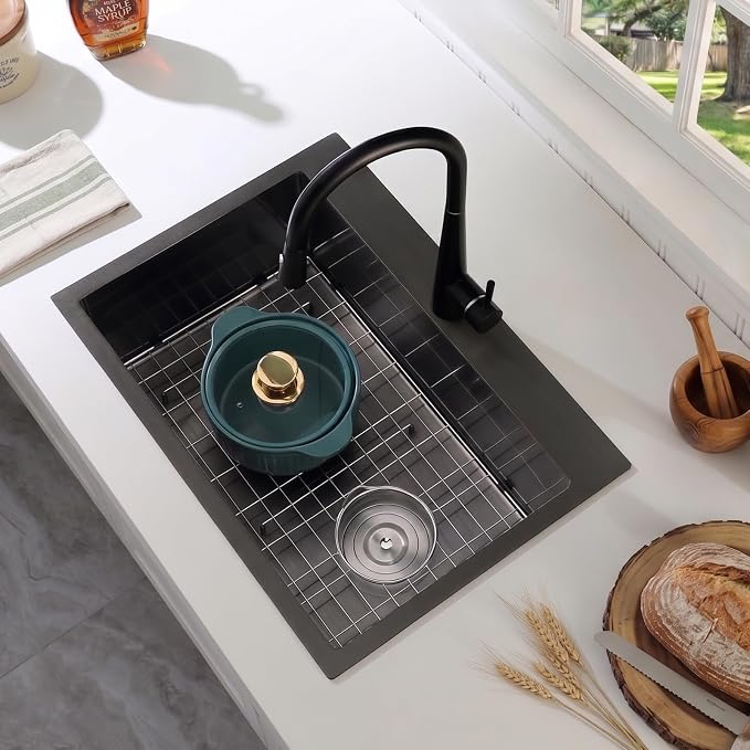 25x18x9 Inch Kitchen Sink, 304 Black Stainless Steel Sink | Centre-Offset Drain, Pre-Drilled Holes, R10 Tight Corner, Drop in Kitchen Sink with Strainer & Bottom Grid