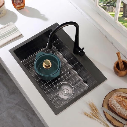 25x18x9 Inch Kitchen Sink, 304 Black Stainless Steel Sink | Centre-Offset Drain, Pre-Drilled Holes, R10 Tight Corner, Drop in Kitchen Sink with Strainer & Bottom Grid