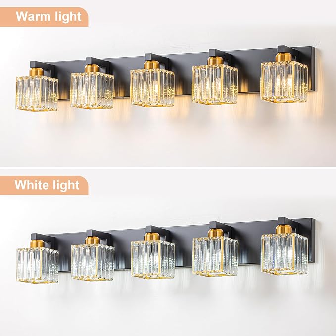Crystal Black Gold Bathroom Vanity Light, 5-Lights Bathroom Lighting Fixtures Over Mirror Modern Glam Crystal Wall Lighting with Square Shade