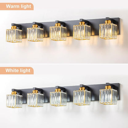 Crystal Black Gold Bathroom Vanity Light, 5-Lights Bathroom Lighting Fixtures Over Mirror Modern Glam Crystal Wall Lighting with Square Shade