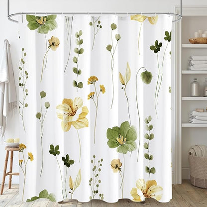 Olive Green Beige Watercolor Floral Fabric Shower Curtain, 72x84 | Waterproof Fabric, Modern Minimalist Floral Print, Machine Washable, Rustproof Grommets, Fade Resistant, for Bath Home
