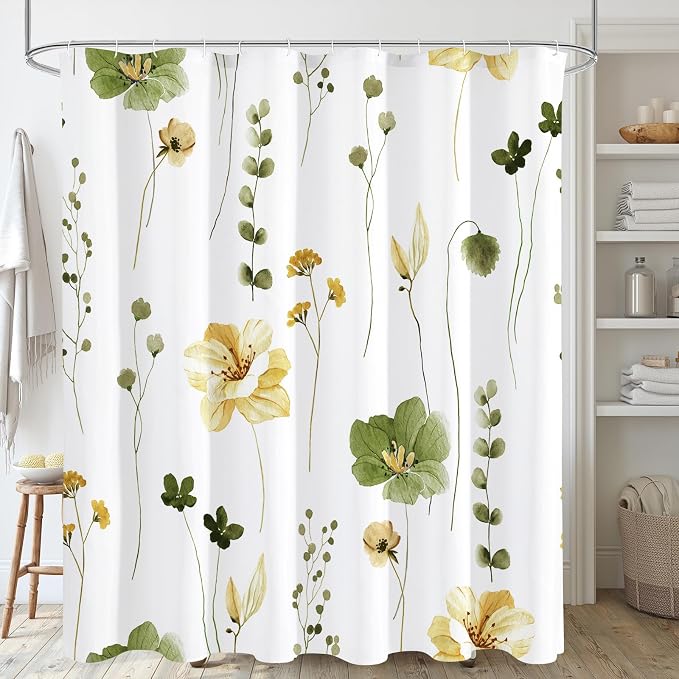 Olive Green Beige Watercolor Floral Fabric Shower Curtain, 72x72 | Waterproof Fabric, Modern Minimalist Floral Print, Machine Washable, Rustproof Grommets, for Bathroom