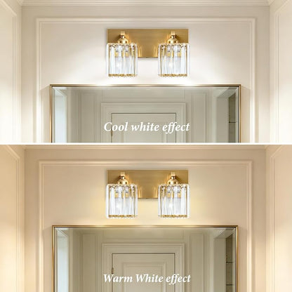 Gold Crystal Bathroom Vanity Light, 2-Light Modern Bathroom Lighting Fixtures Over Mirror,Chrome Wall Sconce Light Fixtures with Square Shade