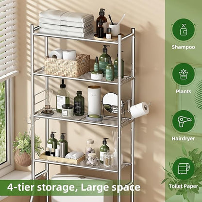 Over The Toilet Storage Cabinet, Metal 4 Tier Bathroom Shelves Over Toilet, Bathroom Oragnizer with 4 Hooks and Paper Holder, Chrome