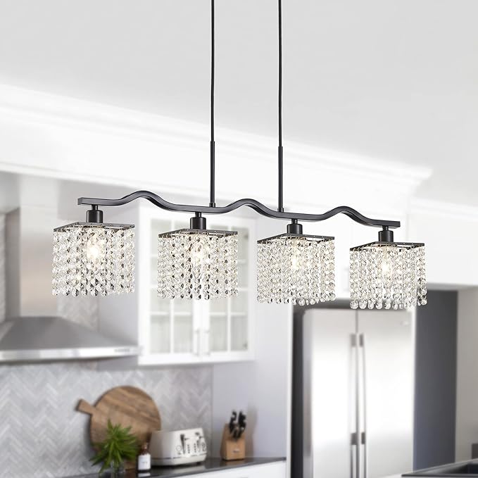 WUZUPS Crystal Chandelier 4-Light Linear Raindrop Pendant Ceiling Light Modern Lighting Fixture for Bedroom Dinning Room Bar Kitchen Island, H8.7'' W4.7'' L30.5, E12 Base, Black
