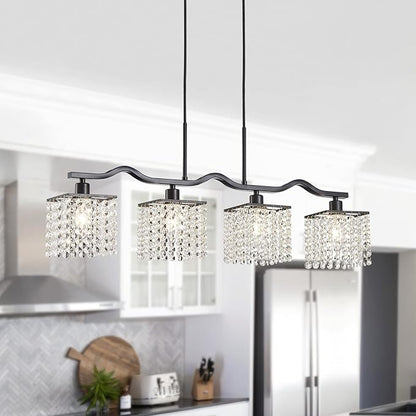 WUZUPS Crystal Chandelier 4-Light Linear Raindrop Pendant Ceiling Light Modern Lighting Fixture for Bedroom Dinning Room Bar Kitchen Island, H8.7'' W4.7'' L30.5, E12 Base, Black