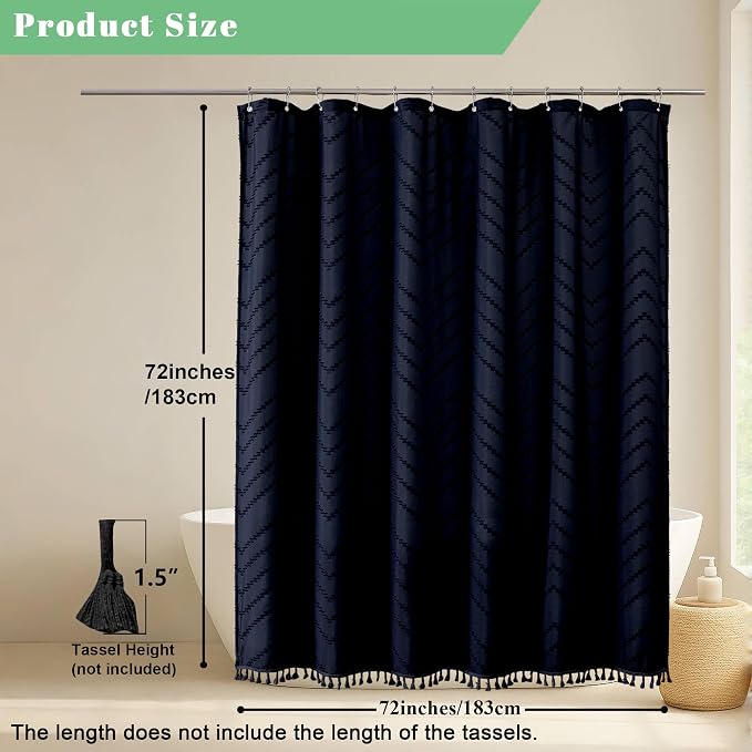 Boho Shower Curtain, Navy Blue Fabric Cloth Shower Curtains Farmhouse Tufted Chevron Striped Textured with Tassel for Bathroom, Soft Hotel Style Modern Minimalist, Machine Washable, 72x72