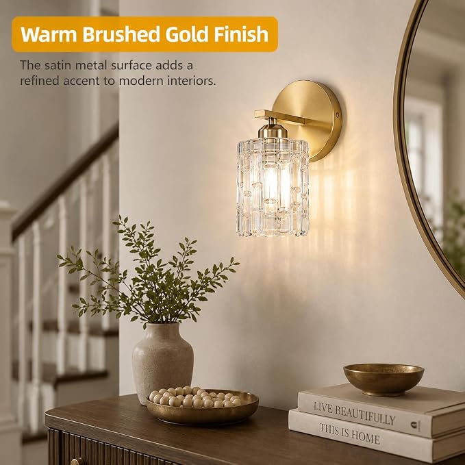 2-Pack 1-Light Modern Matte Black Crystal Wall Sconces, Hardwired Indoor Bathroom Vanity Light Fixtures, Crystal Over Mirror Lamps for Living Room, Bedroom, Hallway