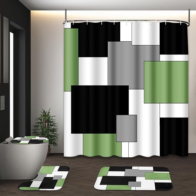 Bathroom Sets with Shower Curtain and Rugs, 4 Pcs, Geometric Sage | Modern Checkered Abstract Bathroom Decor Set with Toilet Lid Cover, Non-Slip Bath Mats and Accessories 12 Hooks
