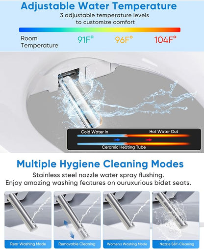 Electric Bidet Toilet Seat with Heated Seat, Warm Air Dryer, Endless Warm Water, Oscillating and Pulsating Spray Wash, Stainless Steel Self-Clean Nozzle, Sense Seat