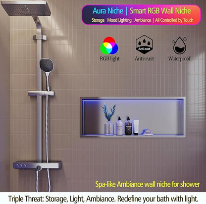 30X12 RGB Shower Niche Waterproof Brushed Nickel Stainless Steel LED Recessed Wall Niche for Shower, Tile-Ready Bathroom Wall Niche Light Kit with Remote Control