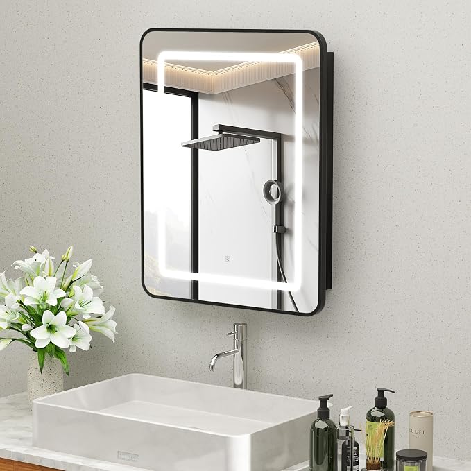 ROOMTEC 16 x 24 Inch Medicine Cabinet Mirror with LED Lights, Black Bathroom Medicine Cabinet with Mirror and Storage, Recessed or Wall Mount, 3 Color Temperature, Dimmable Light