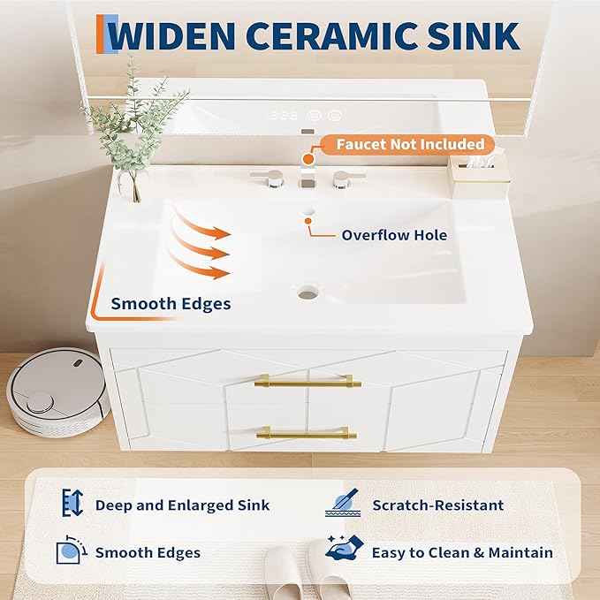 Garvee 30" Bathroom Vanity with Sink, Floating Bathroom Vanity with Ceramic Basin, 2 Large Storage Drawers with Gold Metal Handle, Modern Wall Mounted Bathroom Cabinet with Sink, White