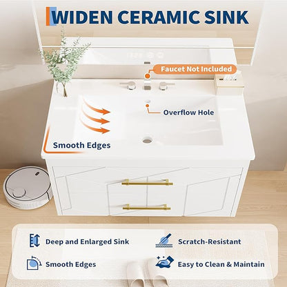 IDEALHOUSE Floating Bathroom Vanity with Sink 30 inch, Modern Bathroom Sink Cabinet, Ceramic Vanity Top, 2 Large Storage Drawers with Gold Metal Handle, Easy to Assembly, White