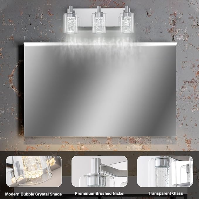 SineRise Vanity Light with 3 Color Modes (3000K/4000K/6000K), Eye Protection LED Bathroom Light Fixture, Dimmable Modern Wall Light Over Mirror with Clear Glass Shade (Chrome, 3-Light)