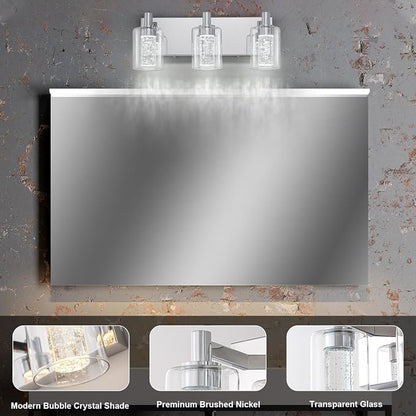 SineRise Vanity Light with 3 Color Modes (3000K/4000K/6000K), Eye Protection LED Bathroom Light Fixture, Dimmable Modern Wall Light Over Mirror with Clear Glass Shade (Chrome, 3-Light)
