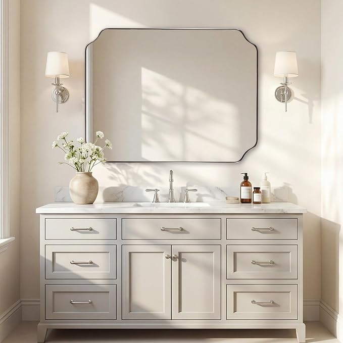 32"x40" Chrome Bathroom Scalloped Mirror for Wall | Rustproof Stainless Steel Frame, Unique Notched Corners, Horizontal & Vertical Mount, Ideal for Bathroom Decor & Remodel