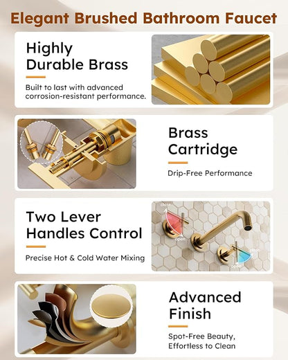 Wall Mount Bathroom Faucet - WOWOW Brushed Gold Bathroom Sink Faucet - 2 Handle Wall Mount Vessel Sink Faucet 3 Holes Elegant Classic Spout Rough in Brass Valve Included