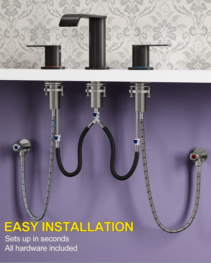 2 Pack Matte Black Waterfall Bathroom Faucet for Sink 3 Hole 8 Inch | Widespread Bathroom Sink Faucets with Pop-up Drain Supply Lines Stainless Steel 2-Handle Bathroom Sink Faucet by Homevacious
