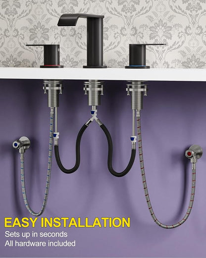 2 Pack Matte Black Waterfall Bathroom Faucet for Sink 3 Hole 8 Inch | Widespread Bathroom Sink Faucets with Pop-up Drain Supply Lines Stainless Steel 2-Handle Bathroom Sink Faucet by Homevacious