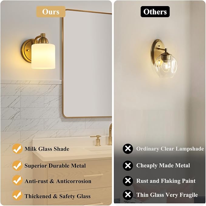 Mecgirn Brass Milk Glass Wall Sconces, 1 Pack Hardwired Indoor Wall Light Fixtures for Living Room, Hallway, Bedroom, Ceramic E26 Sockets (Bulbs Not Included)
