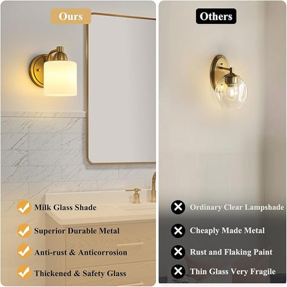 Mecgirn Brass Milk Glass Wall Sconces, 1 Pack Hardwired Indoor Wall Light Fixtures for Living Room, Hallway, Bedroom, Ceramic E26 Sockets (Bulbs Not Included)