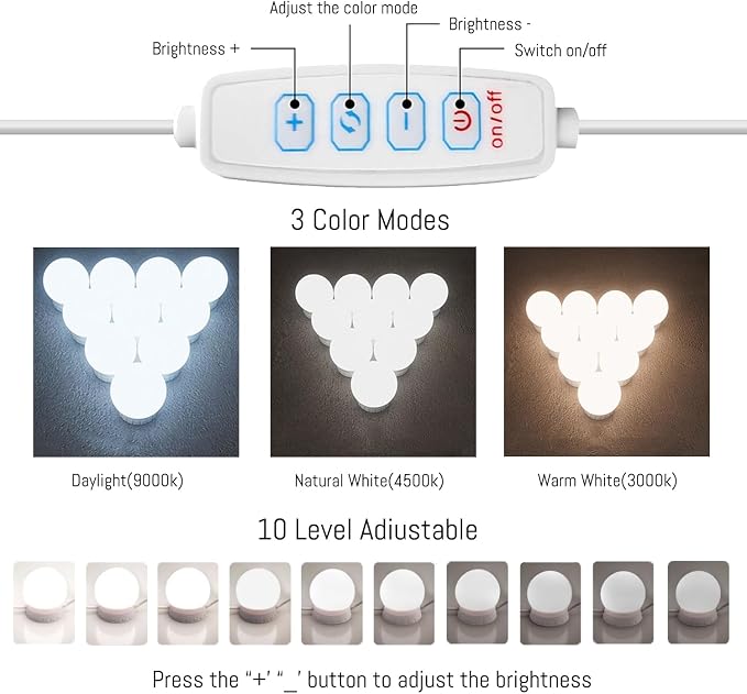 LED Vanity Lights for Mirror Hollywood Style USB Fill Light Adjustable Color and Brightness Mirrors Lights Stick on Makeup Table,Bathroom,Dressing Room (No Mirror Include) (10 Bulbs)