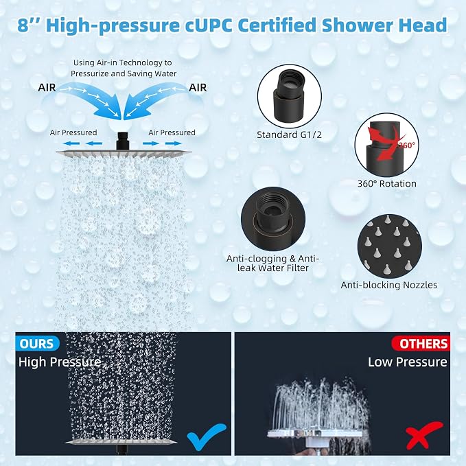 Hibbent All Metal CUPC Certified 8'' Rain Shower Head, Dual Shower Head Combo, High Pressure Handheld 4 Sprays Shower Wand, 16'' Adjustable Extension Arm, 71'' Hose, Shower Holder, Oil Rubbed Bronze
