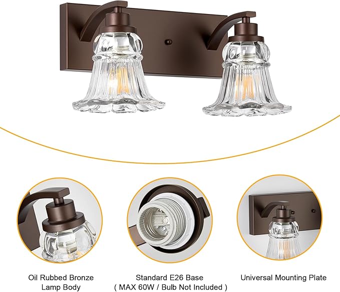 Vintage 2-Light Bathroom Vanity Light, Oil Rubbed Bronze Bathroom Light Fixtures with Floral Clear Glass Shades, Antique Wall Sconce Fixtures for Dressing Table, Bedroom