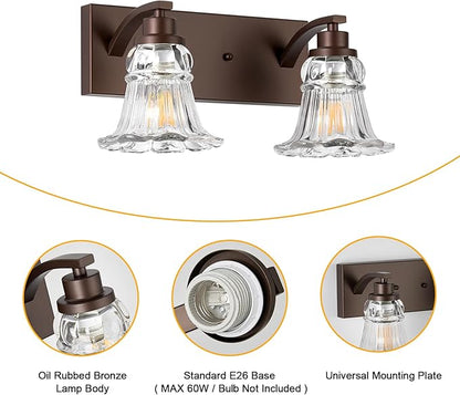 Vintage 2-Light Bathroom Vanity Light, Oil Rubbed Bronze Bathroom Light Fixtures with Floral Clear Glass Shades, Antique Wall Sconce Fixtures for Dressing Table, Bedroom