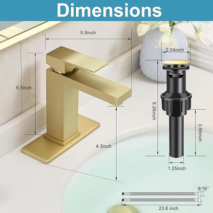 Brushed Gold Single Handle Bathroom Sink Faucet PONAFOU Stainless Steel Vanity Faucet with Pop-Up Drain and Deck