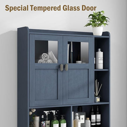 Vabches Over The Toilet Storage Cabinet, Bathroom Shelf Over Toilet with Glass Doors and Adjustable Shelves, Navy Blue Freestanding Home Space Save Toilet Rack, for Restroom, Bathroom, Laundry