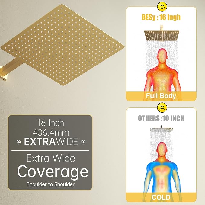16 In Rain Shower Head High Pressure Rainfall Shower Head Brushed Gold | Square Rain Bathroom Showerhead, High Flow, Large Stainless Steel, Ceiling Mounted, Wall Mounted, Waterfall Full Body