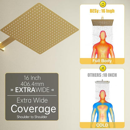 16 In Rain Shower Head High Pressure Rainfall Shower Head Brushed Gold | Square Rain Bathroom Showerhead, High Flow, Large Stainless Steel, Ceiling Mounted, Wall Mounted, Waterfall Full Body