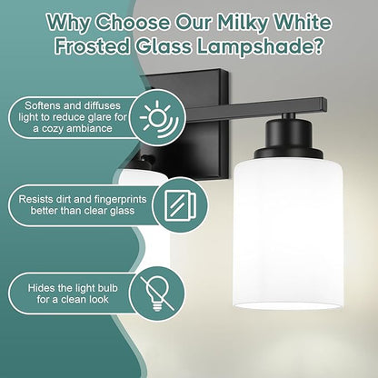 Ascher Bathroom Light Fixtures, 3-Light Vanity Light Over Mirror, Black Wall Sconces with Milky White Frosted Glass Shades, Wall Lamp for Living Room Bedroom, E26 Base(Bulbs Not Included)