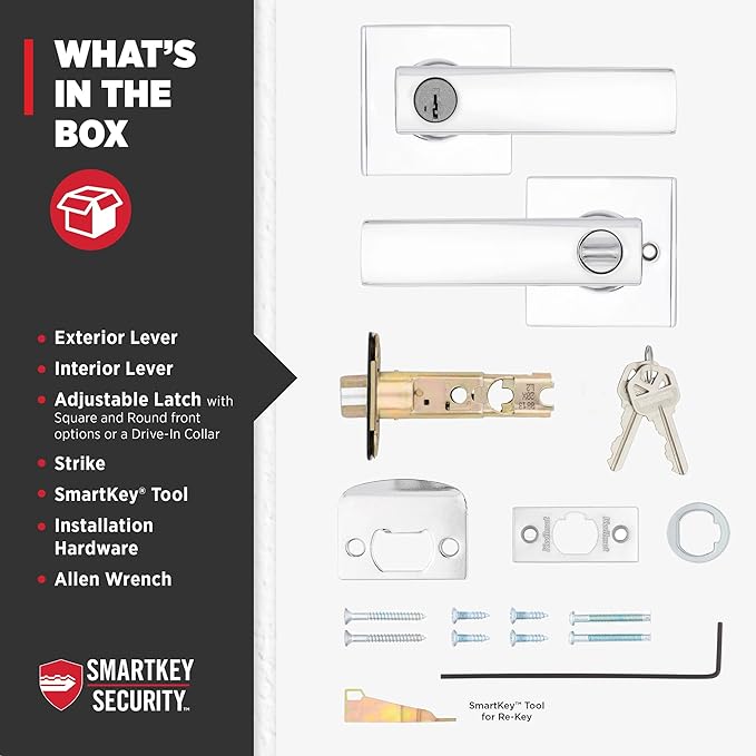 Kwikset Breton Entry Door Handle with Lock and Key, Secure Keyed Reversible Lever Exterior, Doorlock, For Front Entrance and Bedrooms, Polished Chrome , Pick Resistant Smartkey Rekey Security