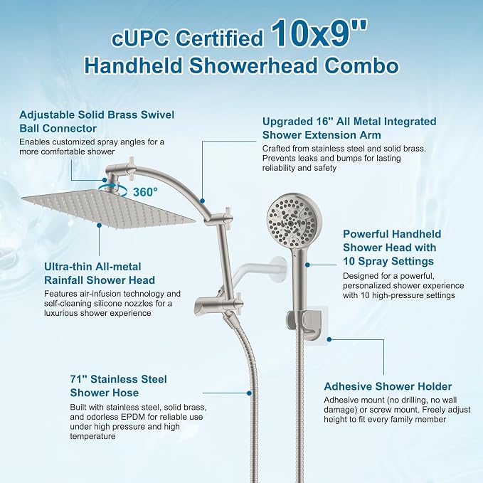 Hibbent Metal 10" High Pressure Rain Shower Head Combo, Brushed Nickel | cUPC Certified Rainfall Shower Head with handheld 10 Sprays, 16'' Adjustable Extension Arm, 71'' Hose, Showerhead Holder