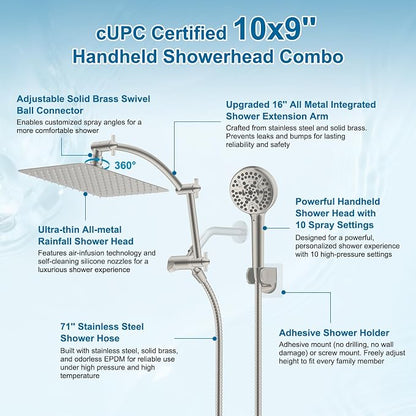 Hibbent Metal 10" High Pressure Rain Shower Head Combo, Brushed Nickel | cUPC Certified Rainfall Shower Head with handheld 10 Sprays, 16'' Adjustable Extension Arm, 71'' Hose, Showerhead Holder