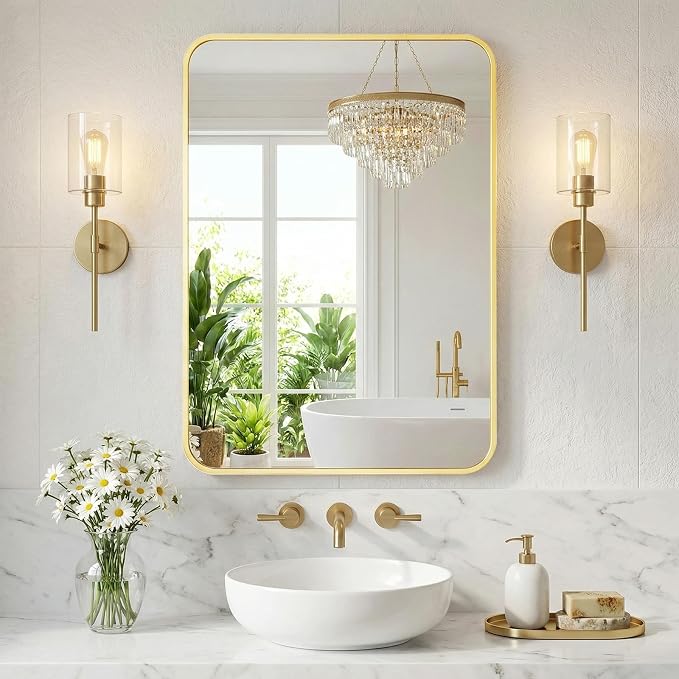 NEWBULIG Bathroom Mirror 20X28 Inch, Vanity Mirror for Wall | Rectangle Rounded Corners, Metal Frame Over Sink, Entryway Bedroom Hang, Horizontal or Vertical, Gold
