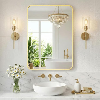 NEWBULIG Bathroom Mirror 20X28 Inch, Vanity Mirror for Wall | Rectangle Rounded Corners, Metal Frame Over Sink, Entryway Bedroom Hang, Horizontal or Vertical, Gold