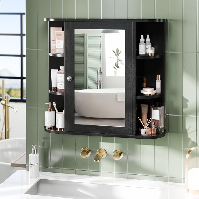Bathroom Mirror Cabinet Wall Mounted, Bathroom Medicine Cabinet with Mirror and 6 Open Shelves, Modern Wall Cabinet, Black