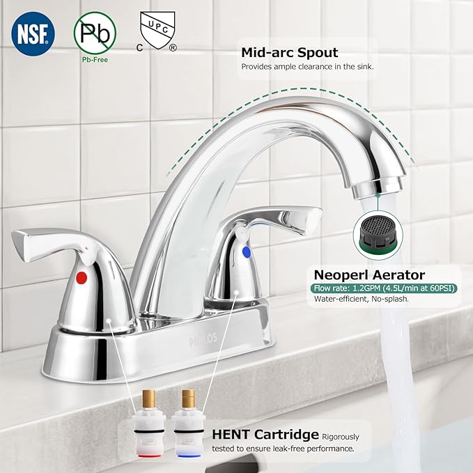 PARLOS 2-Handle Bathroom Sink Faucet with Drain Assembly and Supply Line Lead-Free cUPC Lavatory Faucet Mixer Double Handle Tap Deck Mounted, Chrome, 1359801