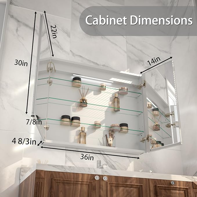 LED Bathroom Medicine Cabinet with Mirror, 36"x30" Anti-Fog Smart Mirror Cabinet, UPVC Waterproof Vanity Cabinet Recessed/Surface, Adjustable Shelves, 3-Color Dimmable, Motion Sensor, DTC Hinges