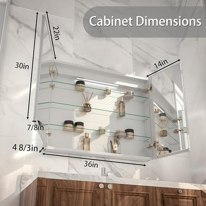 LED Bathroom Medicine Cabinet with Mirror, 36"x30" Anti-Fog Smart Mirror Cabinet, UPVC Waterproof Vanity Cabinet Recessed/Surface, Adjustable Shelves, 3-Color Dimmable, Motion Sensor, DTC Hinges