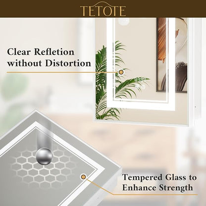 White Lighted Medicine Cabinet Mirror with Led Lights 30 x 26 Wall Mount or Recessed Bathroom Cabinet with Storage, 2 Door Tempered Glass Led Vanity Cabinet, 2 Outlets, 3-Color Dimming, Defog