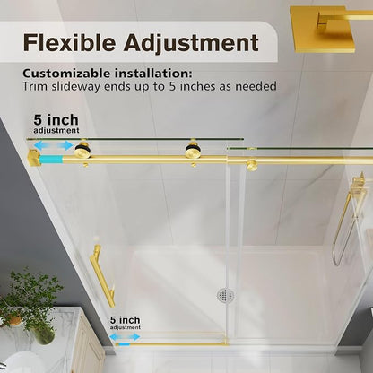 43-48" W x 76" H Frameless Sliding Shower Doors Brushed Gold | 1/4''(6mm) Tempered Glass,Explosion Proof Film,Nano Coating,Stainless Steel Hardware,Easy to Clean,Customizable Width