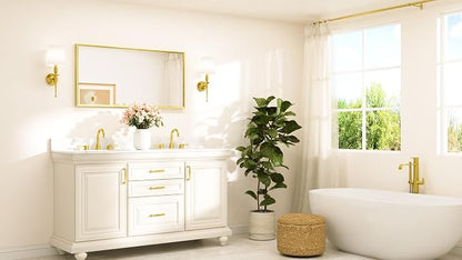 Brushed Gold Frame Mirror for Bathroom Wall 48" x 24" Brushed Brass Beveled Rectangle Bathroom Vanity Mirror for Over Sink, Bedroom, Entryway, Living Room, Tempered Glass, Stronger Frame