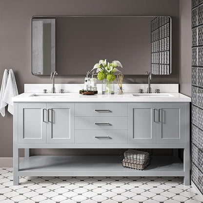 DKB Olivia 72" Grey Double Bathroom Vanity, 1.5" Edge Pure White Quartz Countertop, Rectangular Sinks, 4 Soft Closing Doors, 3 Dovetail Drawers, Open Shelf