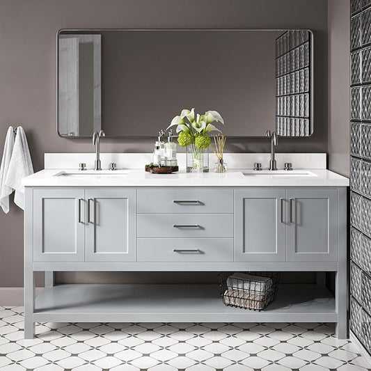 DKB Olivia 72" Grey Double Bathroom Vanity, 1.5" Edge Pure White Quartz Countertop, Rectangular Sinks, 4 Soft Closing Doors, 3 Dovetail Drawers, Open Shelf