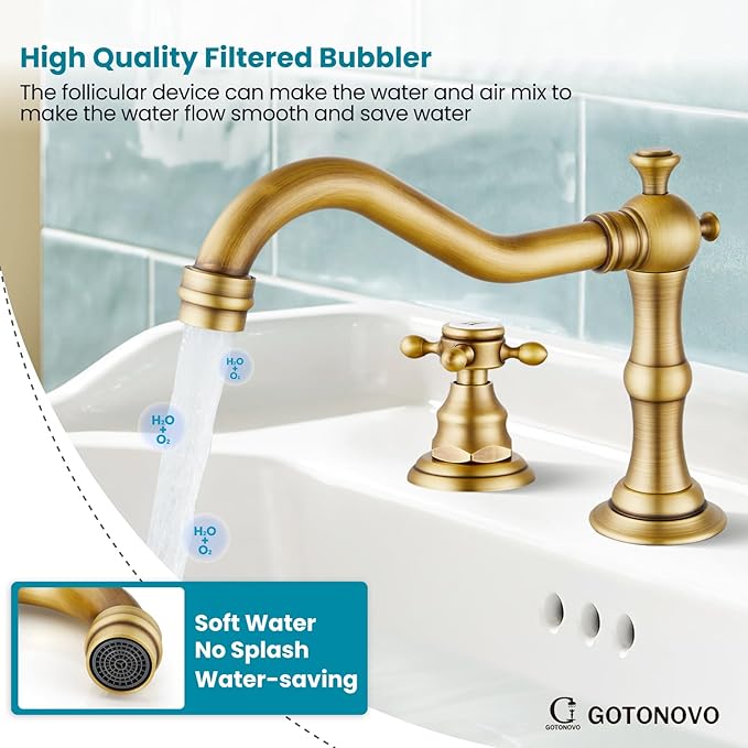 gotonovo Bathroom Faucet 3 Hole 8 Inch Widespread Bathroom Sink Faucet 2 Cross Handles Vintage Lavatory Vanity Mixer Tap with Pop Up Drain, H C Label, Antique Brass